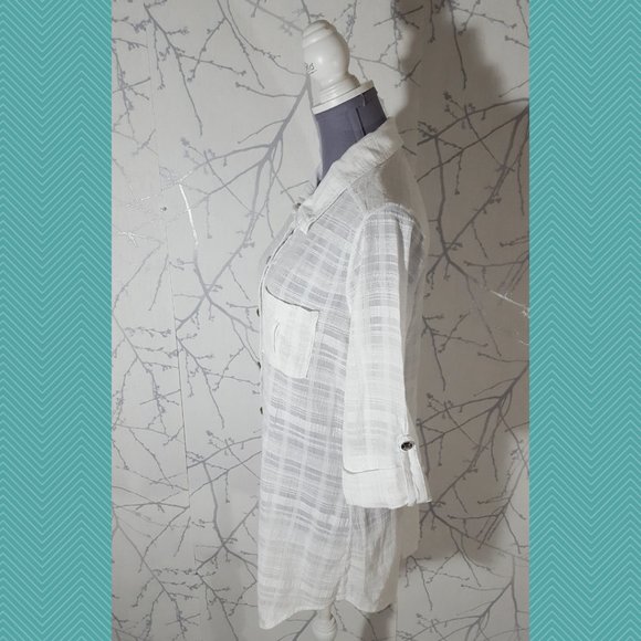Donna White Sheer Checks Button Front Shirt Dress - Picture 3 of 5